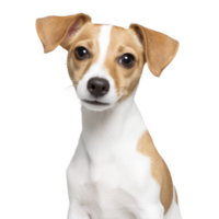 Cute Jack Russell Terrier puppy with curious expression sits against transparency background, showcasing its smooth coat and alert ears png
