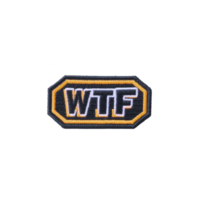 Rectangular embroidered patch with letters WTF in bold white font, outlined in yellow and black, creates playful and humorous expression. patch is designed for clothing or accessories png