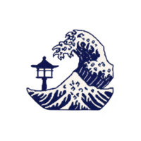 Stylized depiction of large wave in blue and white, reminiscent of traditional Japanese art, with small pagoda structure beside it. design is intricate and artistic png