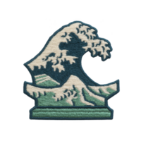 This features embroidered patch depicting stylized wave inspired by traditional Japanese art. design includes shades of blue and green, with intricate detailing to mimic texture of water png