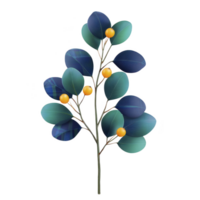 Decorative branch with blue and green leaves and orange berries creates vibrant and artistic display. combination of colors and textures adds modern and stylish touch png