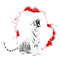 Majestic white tiger roars with dynamic red splash encircling it, creating striking contrast. powerful expression and vivid colors evoke sense of strength and energy png