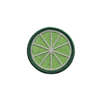 Round embroidered patch features vibrant green lime slice design with detailed stitching, showcasing segments and dark green border. patch is isolated on transparency background png