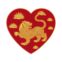 Red heart with golden tiger design surrounded by lotus flowers symbolizes strength and love. intricate pattern combines elements of nature and power, creating bold and artistic image png