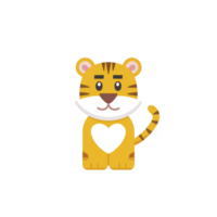 Cute cartoon tiger with heart shaped patch on its chest stands against plain background, showcasing playful and friendly expression png