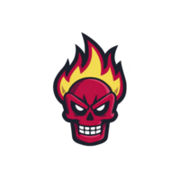 Stylized red skull with fierce expression and yellow flames emanating from top, set against transparency background, conveys sense of intensity and boldness png