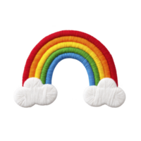 Colorful embroidered rainbow patch with fluffy white clouds on each end, set against plain background. vibrant colors create cheerful and playful design png