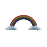 Vibrant rainbow arches between two fluffy clouds against transparency background, creating whimsical and cheerful scene. colors of rainbow are vivid and distinct png