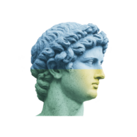 Classical marble statue head is creatively overlaid with blue and yellow gradient, symbolizing artistic expression and cultural fusion. serene expression adds timeless quality png