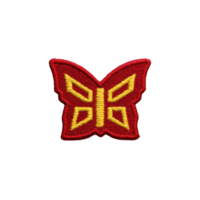 Vibrant embroidered butterfly patch with red and yellow colors, featuring geometric patterns, perfect for adding playful touch to clothing or accessories png