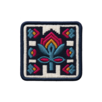 Square embroidered patch features colorful geometric design with central floral motif, combining blue, red, and orange threads on transparency background png