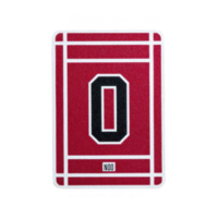 Red playing card with bold black and white number zero in center, surrounded by white lines on textured surface. card has modern and minimalistic design png