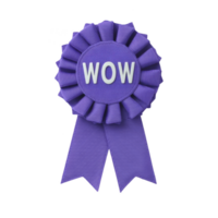 Purple ribbon award with word WOW in bold letters, symbolizing achievement or recognition. ribbon features rosette design with two tails, conveying sense of celebration and success png