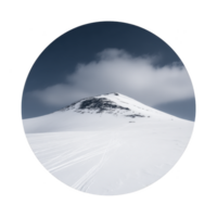 Snow covered mountain peak under cloudy sky creates serene and isolated atmosphere. untouched snow and clear sky add to peacefulness of scene png