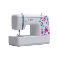 White sewing machine with floral design on its side, featuring pink and blue flowers, stands out against plain background. machine has modern design with blue accent and visible control buttons png