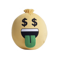 Plush pillow shaped like money bag emoji with dollar signs for eyes and green tongue, expressing excitement. pillow is yellow and has playful design, perfect for adding fun to any room png