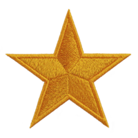 Golden embroidered star with detailed stitching, showcasing five pointed design. texture highlights intricate needlework, creating sense of craftsmanship and elegance png