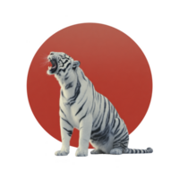 Majestic white tiger with black stripes sits and roars in front of large red circle, symbolizing strength and power. contrast between tiger and background is striking png