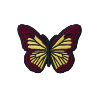Vibrant embroidered butterfly patch with yellow and red wings, showcasing intricate stitching and symmetrical design, perfect for adding decorative touch to clothing or accessories png