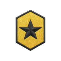 Yellow embroidered patch features black star in center, outlined with black border, symbolizing achievement or rank. hexagonal shape adds modern touch to design png