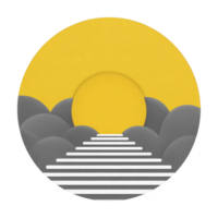 Minimalist illustration features bright yellow sun above series of gray clouds with pathway of white stripes leading towards it, creating serene and hopeful atmosphere png