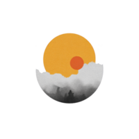 Vibrant orange sun sets behind silhouette of mountains and trees, creating serene and peaceful landscape. scene is enveloped in mist, adding dreamy atmosphere png
