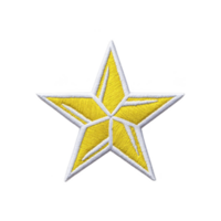 Yellow embroidered star patch with white edges, featuring five pointed design. patch is suitable for clothing decoration, adding playful and creative touch to garments or accessories png