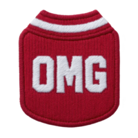 Red embroidered patch with bold white letters spelling OMG and white stripes at top, conveying surprise or excitement. patch has shield like shape and textured fabric png