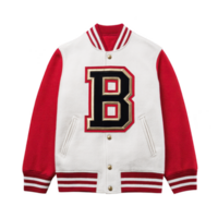 Stylish varsity jacket with bold letter B on front, featuring red sleeves and white body. jacket has striped cuffs and collar, adding classic touch png
