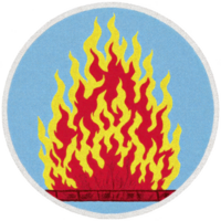 Vibrant illustration of red and yellow flame against blue background, symbolizing energy and warmth. circular design adds sense of completeness and focus png