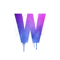 Colorful letter W with gradient of purple and blue, featuring splatter and drip effect on transparency background, creating vibrant and artistic design png
