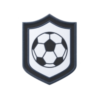 Black and white soccer ball emblem is centered on shield shaped patch, symbolizing sports and teamwork. design is simple and bold, ideal for athletic branding png