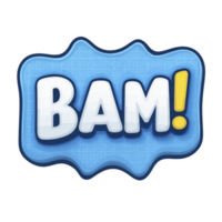 This features bold, comic style BAM text with exclamation mark on blue, wavy background, conveying dynamic and energetic expression png