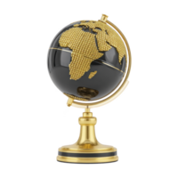 Luxurious black and gold globe with detailed map design stands elegantly on matching gold base, symbolizing global exploration and sophistication png