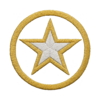 Gold embroidered star patch with white center is encircled by matching gold border, set against transparency background. design is simple yet striking, often used for decorative or symbolic png