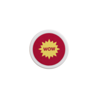 Round badge with red background features yellow starburst design and word WOW in bold letters, creating playful and eye catching effect png