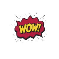Comic style WOW text in bold yellow letters with red explosion background, conveying excitement and surprise. design features playful, dynamic look typical of pop art graphics png