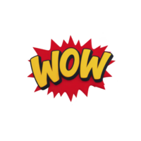 Vibrant comic style WOW text with red burst background, conveying excitement and surprise. bold yellow letters stand out against dynamic red starburst, creating playful and energetic effect png