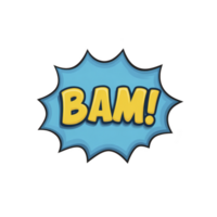 Comic style BAM text in bold yellow letters with blue starburst background, conveying excitement and impact. Perfect for adding dynamic touch to designs png