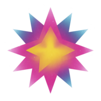 Vibrant, multicolored starburst design with gradient of pink, yellow, and blue hues creates dynamic and energetic visual effect. star shape is layered, adding depth and interest png