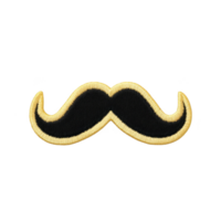 Black mustache patch with yellow embroidered border, isolated on transparency background. patch has classic curled design, often associated with vintage or retro styles png