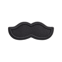 Black embroidered mustache patch with textured surface, perfect for clothing decoration or DIY projects. patch has playful and stylish design, ideal for adding fun touch to garments png