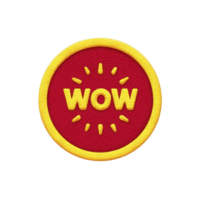 Vibrant circular patch features word WOW in bold yellow letters on red background, surrounded by yellow border and radiating lines, conveying excitement png