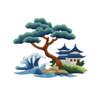Serene embroidered landscape features stylized tree, traditional building, and waves, capturing harmonious blend of nature and architecture png