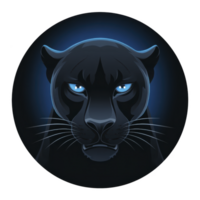 Sleek, glowing panther face with piercing blue eyes is set against dark circular background, creating mysterious and powerful aura. illustration emphasizes strength and elegance png