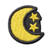 Crescent moon and stars embroidered patch with yellow and black thread, featuring whimsical design. patch is suitable for clothing or accessories, adding playful touch png