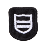 Black fabric patch featuring white embroidered shield with three horizontal stripes, symbolizing protection or rank. design is simple and bold, suitable for uniforms or jackets png