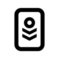 This features black and white icon of stylized badge with circle and two downward chevrons inside rectangular border. design is simple and modern, suitable for use digital interfaces or graphic png