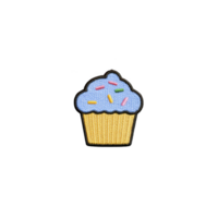 Colorful embroidered patch of cupcake with blue frosting and multicolored sprinkles on yellow base, isolated on transparency background png