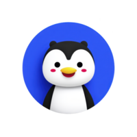 Cute cartoon penguin with cheerful expression is set against vibrant blue circular background, creating playful and friendly atmosphere png